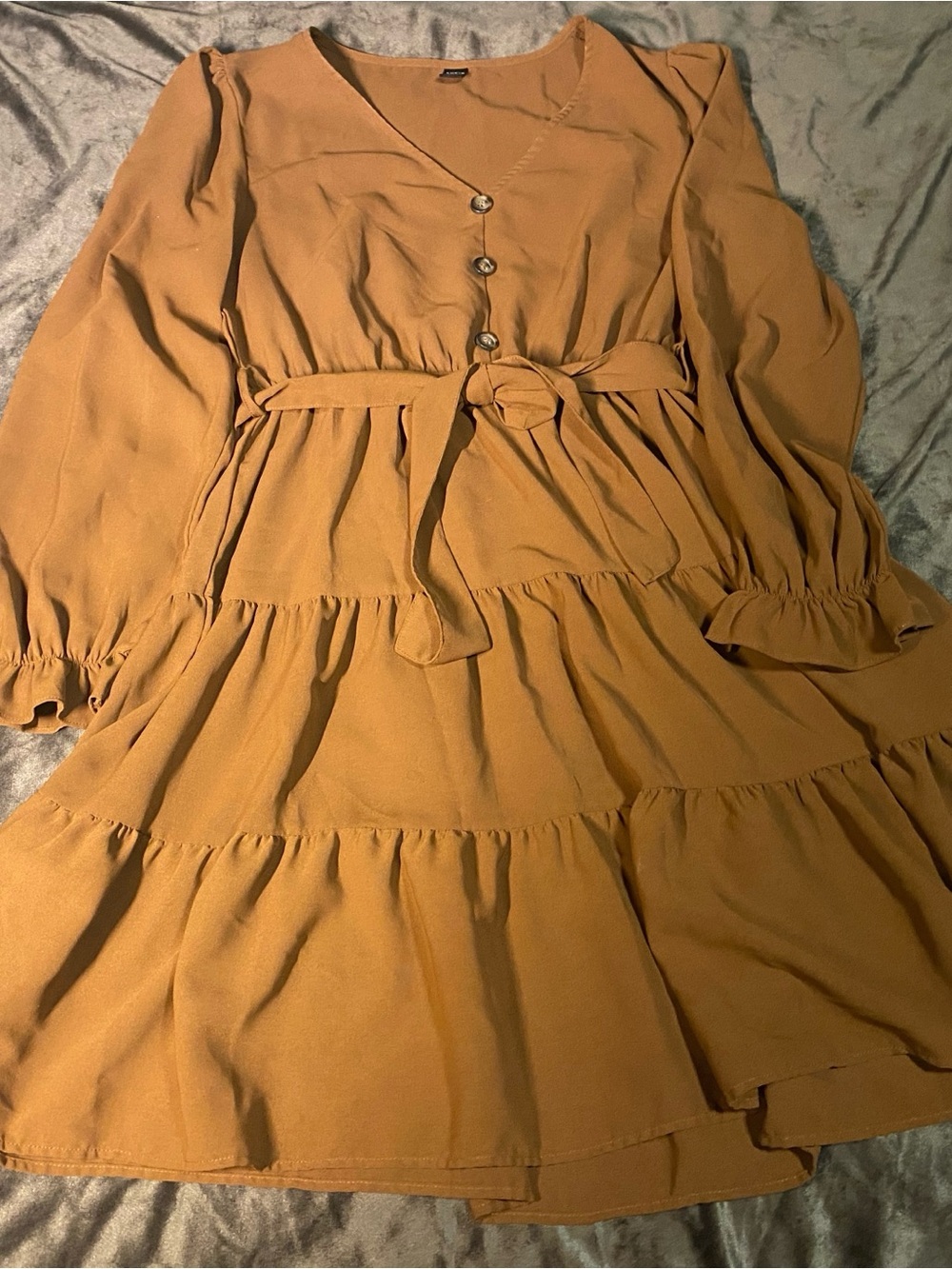 SHEIN Mustard Tiered Long Sleeve Button-Front Dress with Waist Tie